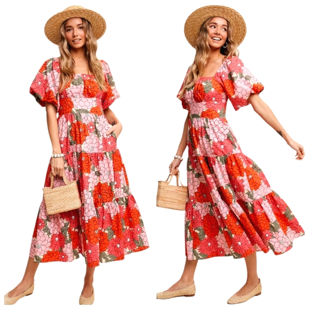 Nwot Listicle Pink Flower Power Puffed Sleeves Square Neckline,Tiered Maxidress